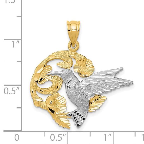 14k Yellow and White Gold 28mm Hummingbird and Flower Pendant - Picture 3 of 4